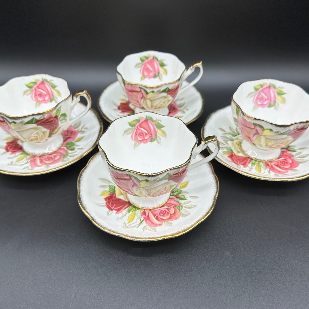 Queen Anne Lady Sylvia Tea Cup Saucer Set(Set of 4) Bone China England